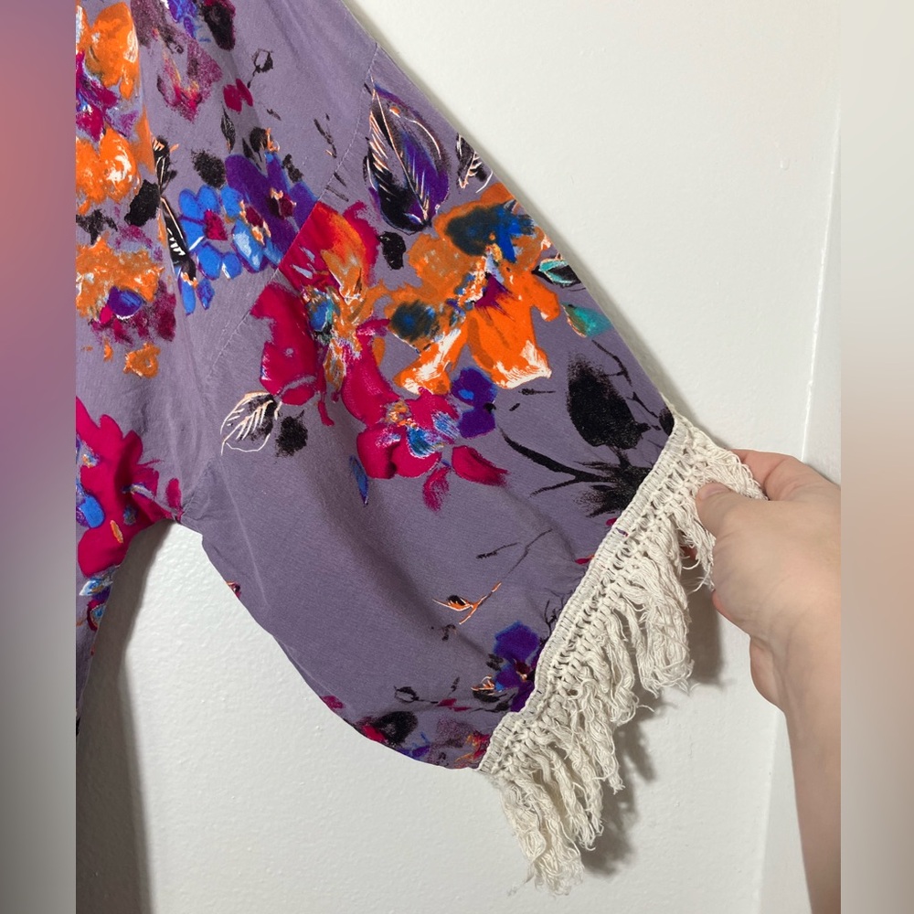 Umgee kimono Duster Sz Large Purple Floral Boho Festival Beach Tassels‎ Open - Picture 2 of 8